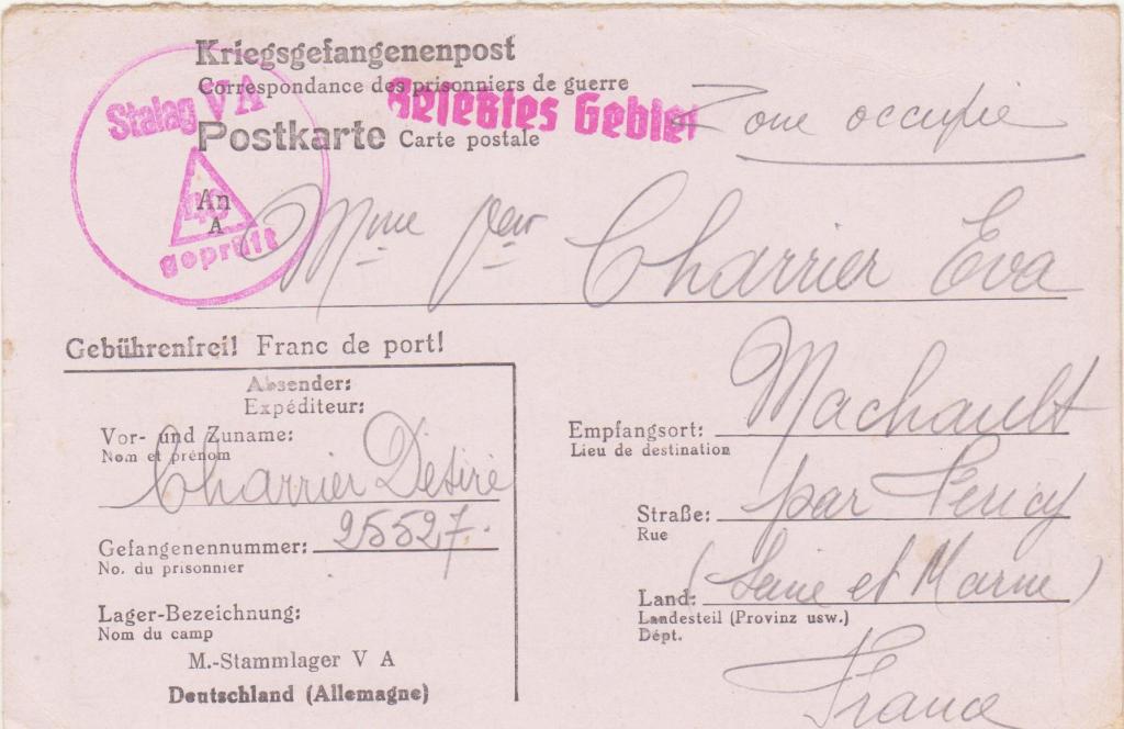 Kriegsgefangenenpost, Postkarte, Stalag VA, Désiré Charrier